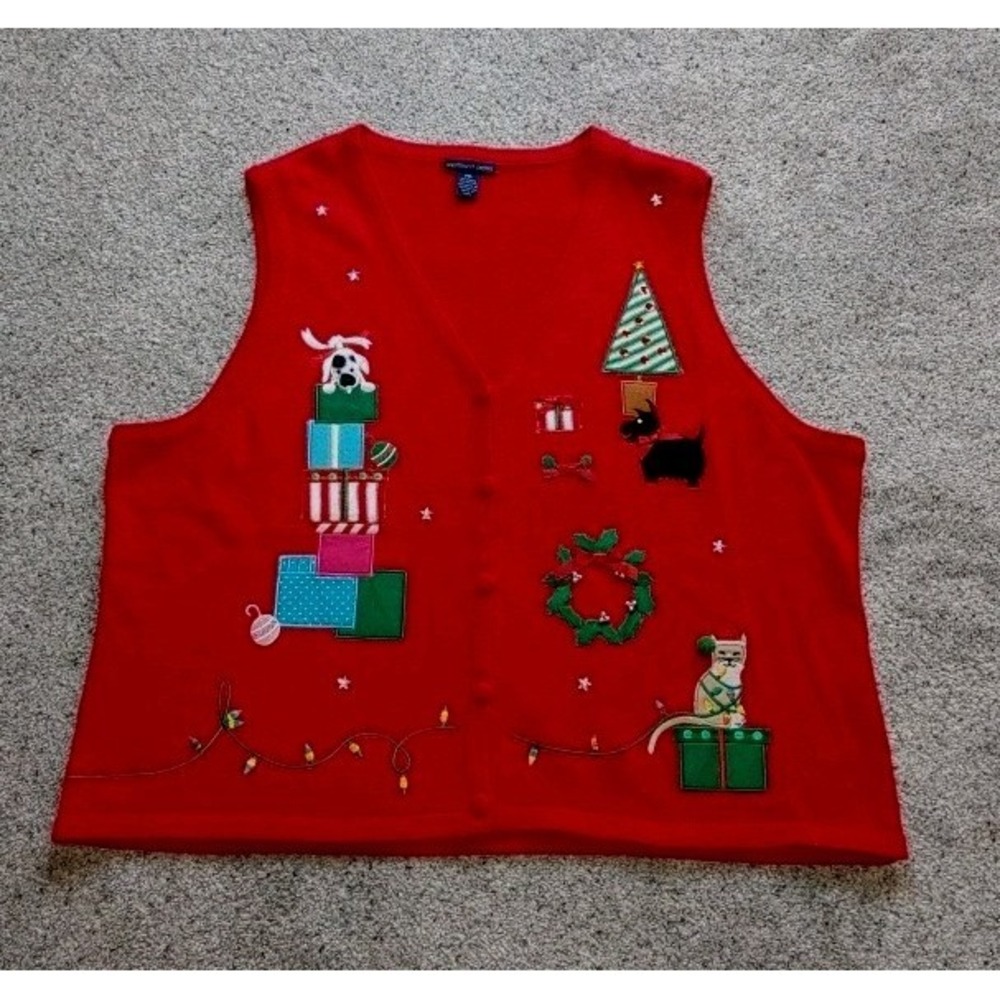 Granny Embroider Christmas Sweater Vest Fun Festive Christmas Cat Dog Ugly